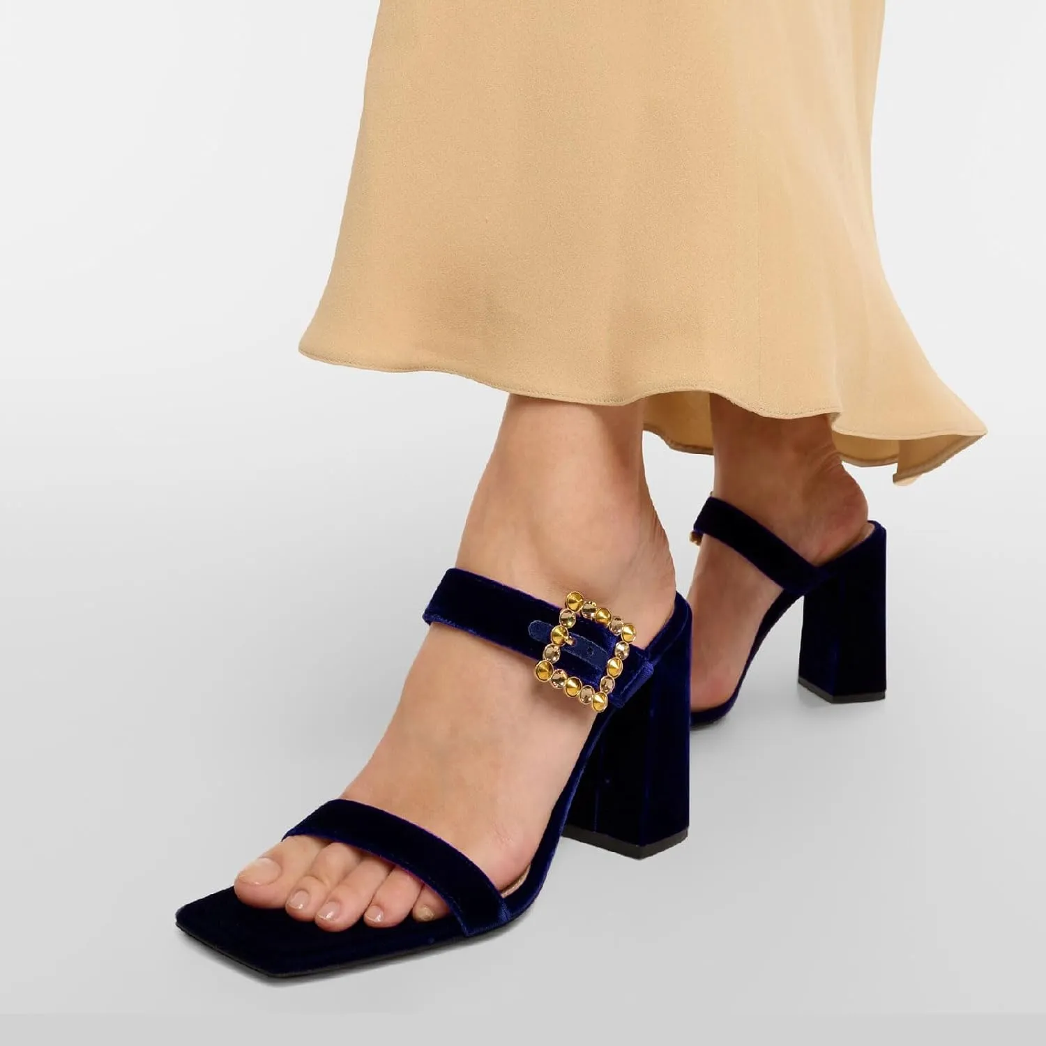 Women's Chic Rhinestones Buckle Square Open Toe Block Heel Slide Sandals Fashion Velvet Fabric Slip On High Chunky Heel Summer Mules Prom Party Heeled Sandals for Women