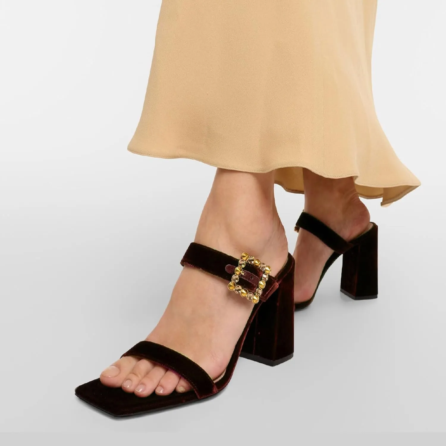Women's Chic Rhinestones Buckle Square Open Toe Block Heel Slide Sandals Fashion Velvet Fabric Slip On High Chunky Heel Summer Mules Prom Party Heeled Sandals for Women