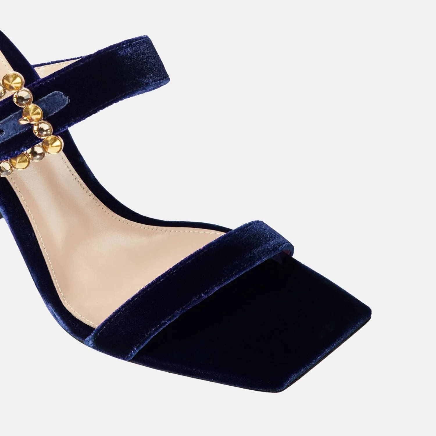 Women's Chic Rhinestones Buckle Square Open Toe Block Heel Slide Sandals Fashion Velvet Fabric Slip On High Chunky Heel Summer Mules Prom Party Heeled Sandals for Women