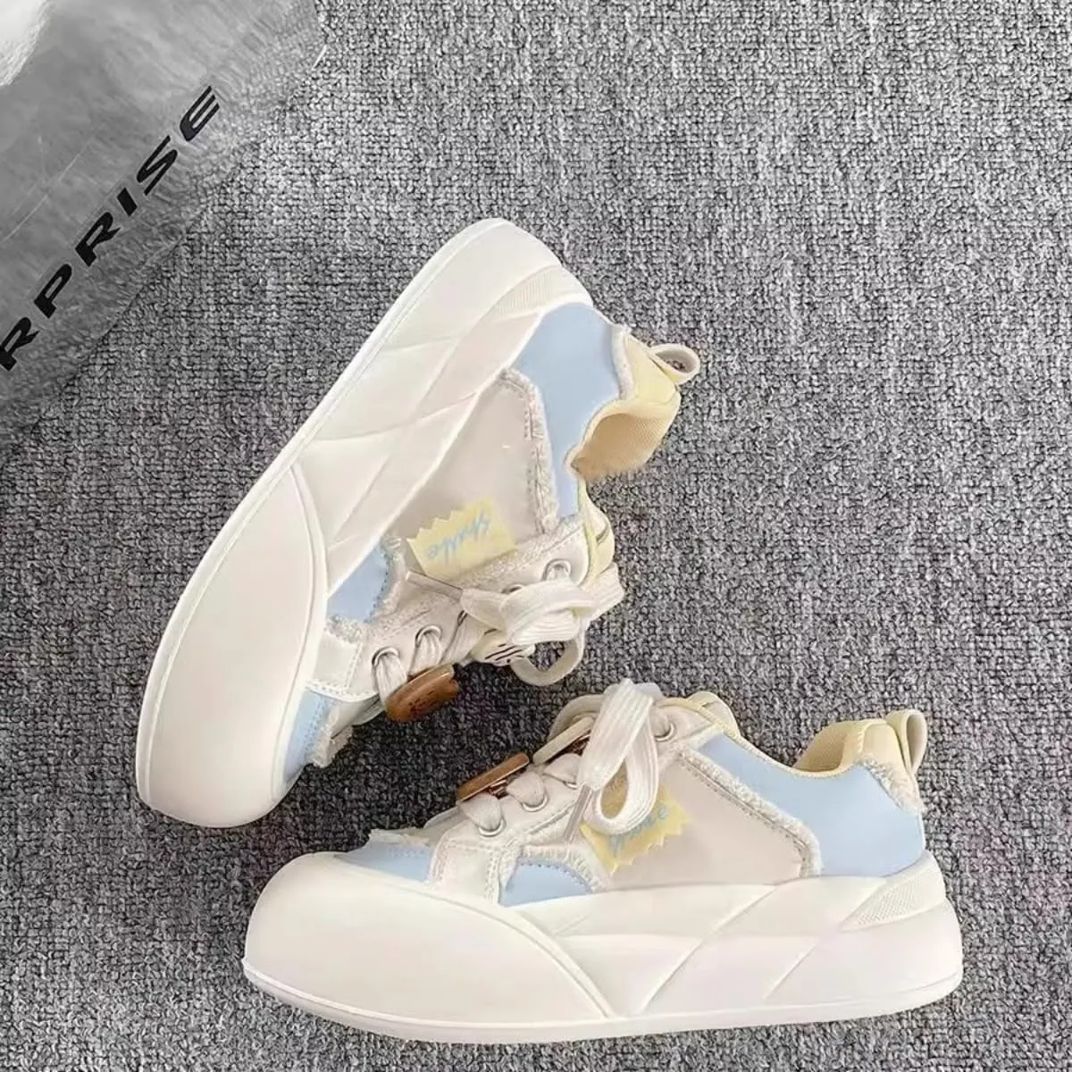 Women’s Chunky Dopamine Sneakers – Cute Cat Charm Bread Shoes, Colorblock Casual Platform Trainers, Soft Girl Chic Lace-Up Walking Shoes