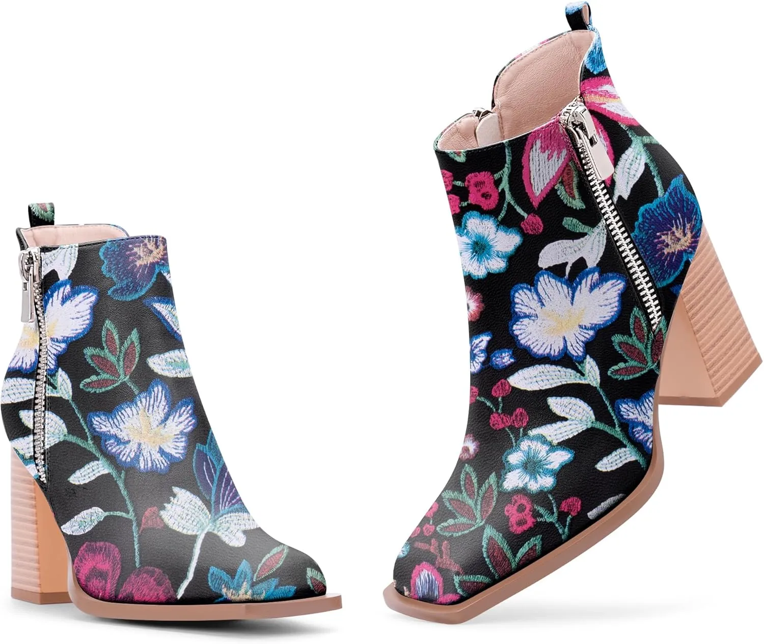 Women's Chunky High Heel Ankle Boots Side Zipper Square Toe Dress Booties