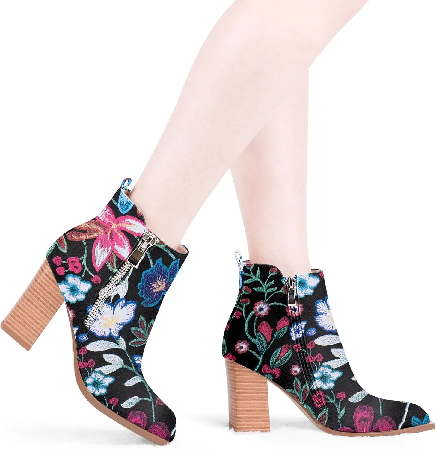 Women's Chunky High Heel Ankle Boots Side Zipper Square Toe Dress Booties