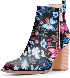Women's Chunky High Heel Ankle Boots Side Zipper Square Toe Dress Booties