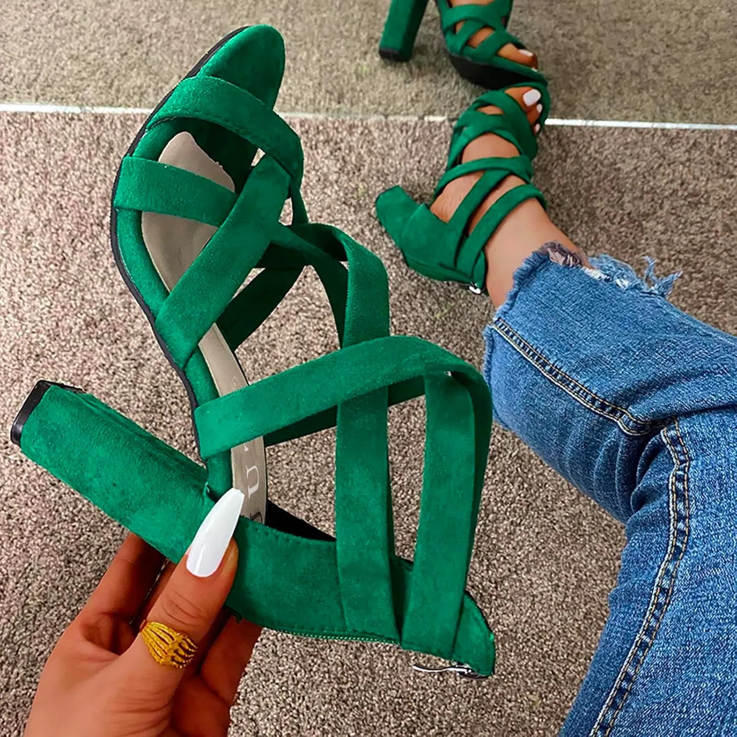 Women's Chunky High Heel Sandal Strappy Open Toe Ankle Strap Dress Shoes Bridesmaid Ladies in Wedding Bridal Shoes
