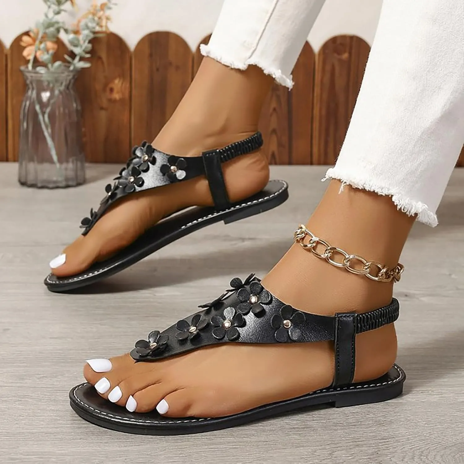 Women's Clip Toe Dressy Flat Sandals with Elastic Ankle Strap - Lightweight Summer Shoes Casual Sandal, Beach Walking Boho T-Strap Flat Sandals