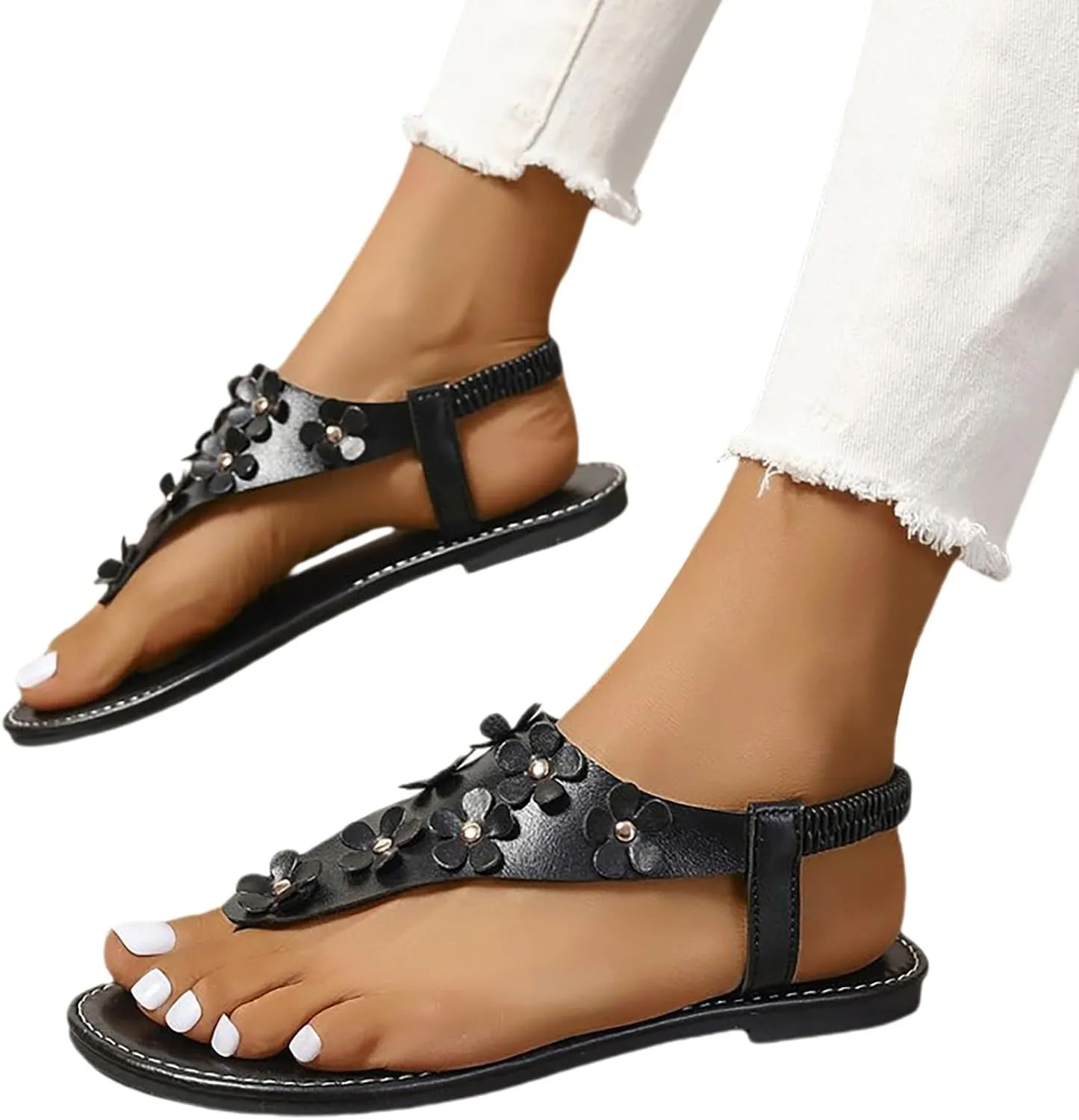 Women's Clip Toe Dressy Flat Sandals with Elastic Ankle Strap - Lightweight Summer Shoes Casual Sandal, Beach Walking Boho T-Strap Flat Sandals