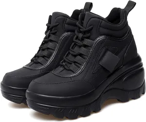 Women's Color Matching Platform Casual Sneakers Retro Round Head Plus Velvet Warm Chunky Non-Slip Fashion Lace-Up Dad Shoes Comfortable Wedge Heel Walking Sneakers