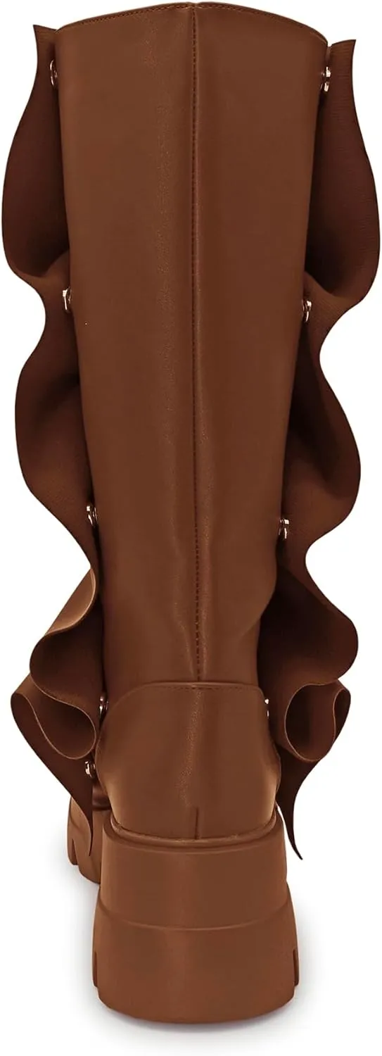 Women's Combat Mid-Calf Chunky Boots Detachable Pull-On Wide Calf Panel Shark Platform Boots Round toe Party Dress Boot