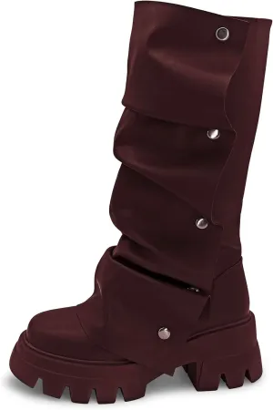 Women's Combat Mid-Calf Chunky Boots Detachable Pull-On Wide Calf Panel Shark Platform Boots Round toe Party Dress Boot