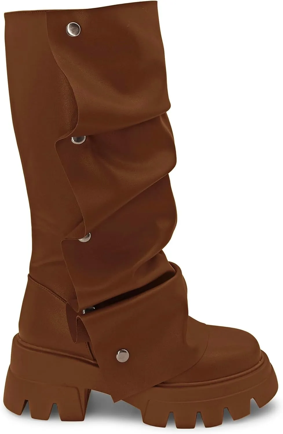Women's Combat Mid-Calf Chunky Boots Detachable Pull-On Wide Calf Panel Shark Platform Boots Round toe Party Dress Boot
