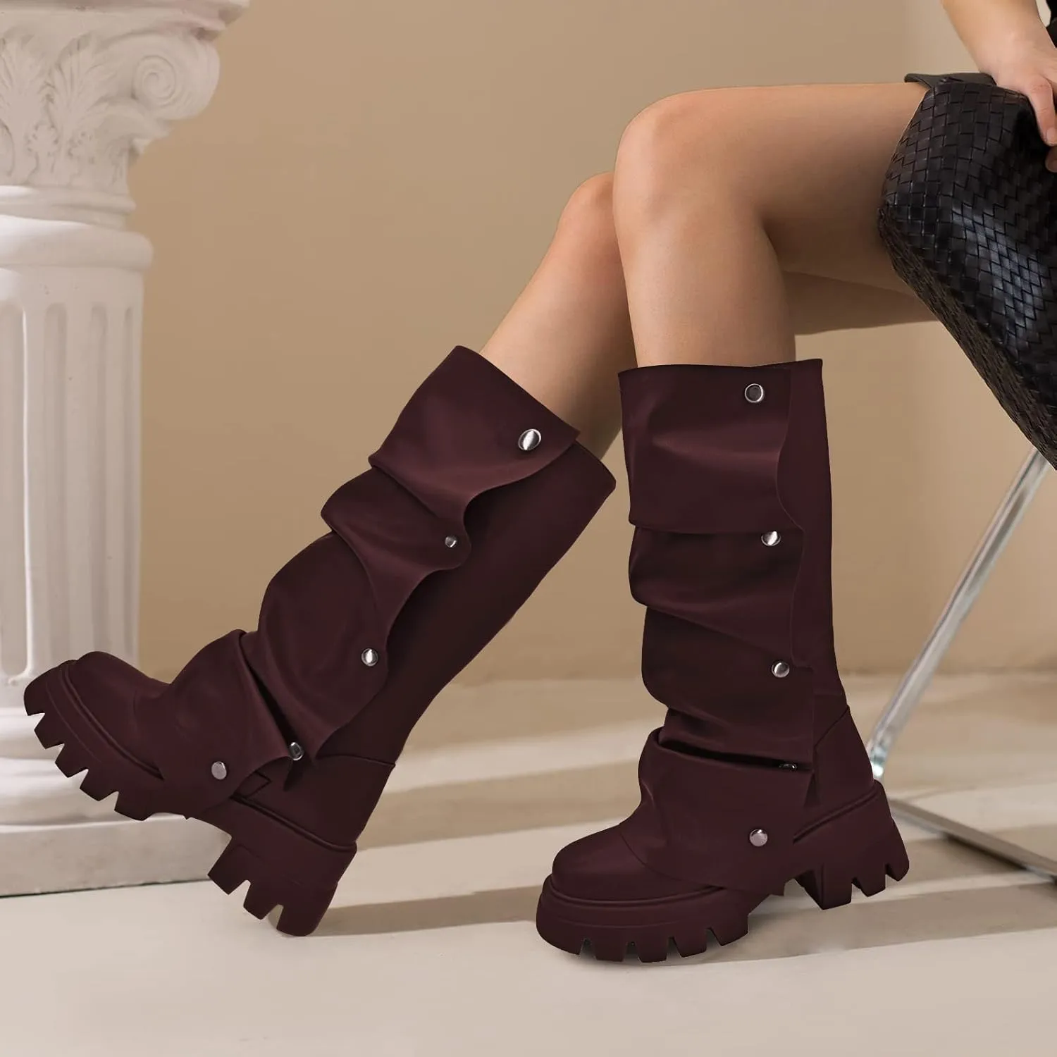 Women's Combat Mid-Calf Chunky Boots Detachable Pull-On Wide Calf Panel Shark Platform Boots Round toe Party Dress Boot