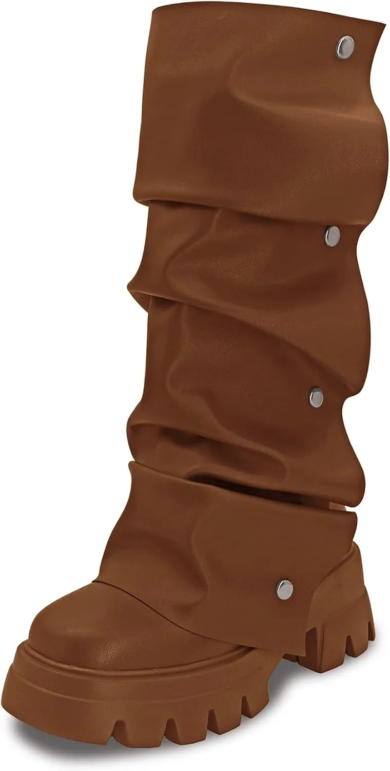 Women's Combat Mid-Calf Chunky Boots Detachable Pull-On Wide Calf Panel Shark Platform Boots Round toe Party Dress Boot