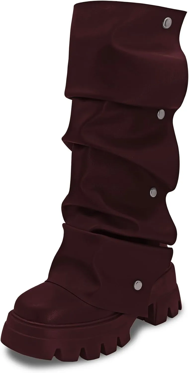 Women's Combat Mid-Calf Chunky Boots Detachable Pull-On Wide Calf Panel Shark Platform Boots Round toe Party Dress Boot