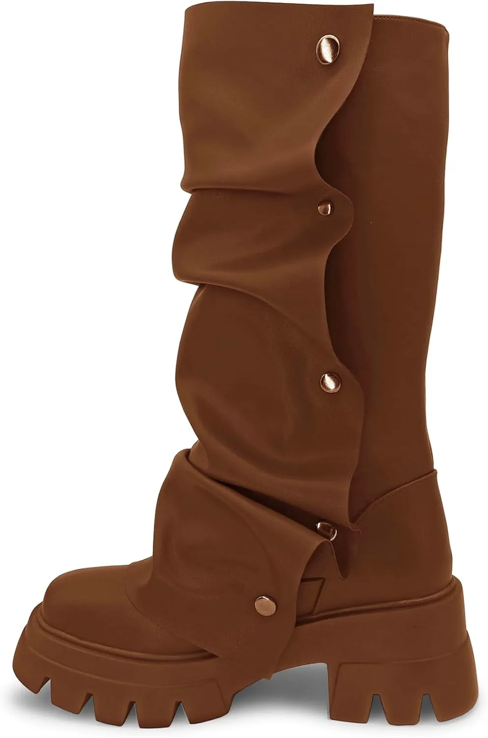 Women's Combat Mid-Calf Chunky Boots Detachable Pull-On Wide Calf Panel Shark Platform Boots Round toe Party Dress Boot