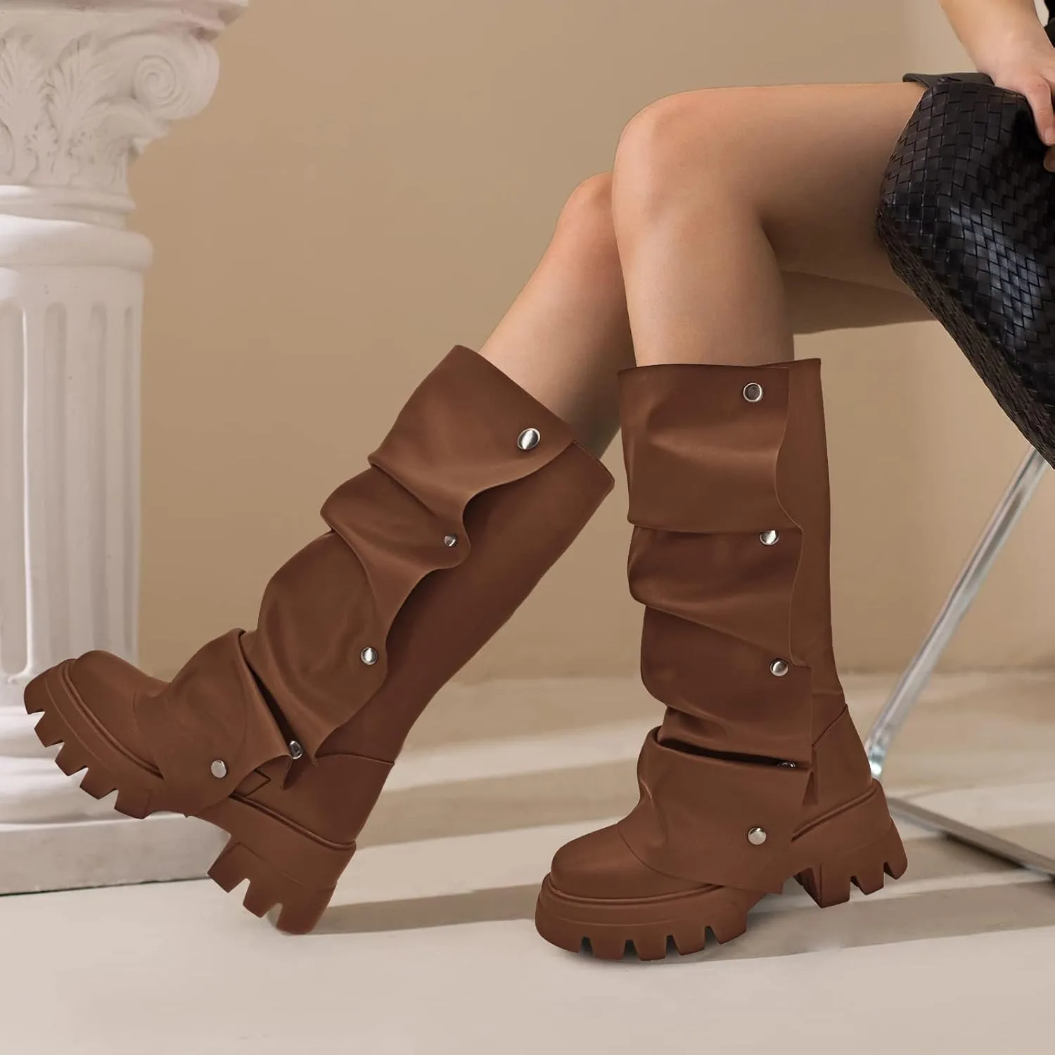 Women's Combat Mid-Calf Chunky Boots Detachable Pull-On Wide Calf Panel Shark Platform Boots Round toe Party Dress Boot