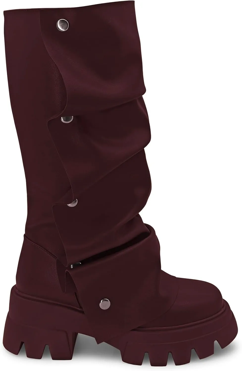 Women's Combat Mid-Calf Chunky Boots Detachable Pull-On Wide Calf Panel Shark Platform Boots Round toe Party Dress Boot
