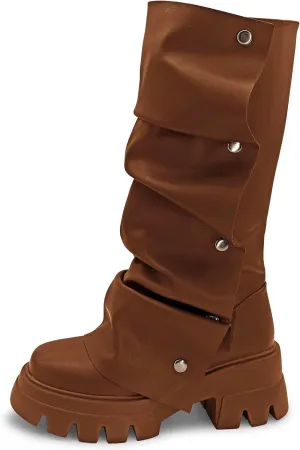 Women's Combat Mid-Calf Chunky Boots Detachable Pull-On Wide Calf Panel Shark Platform Boots Round toe Party Dress Boot