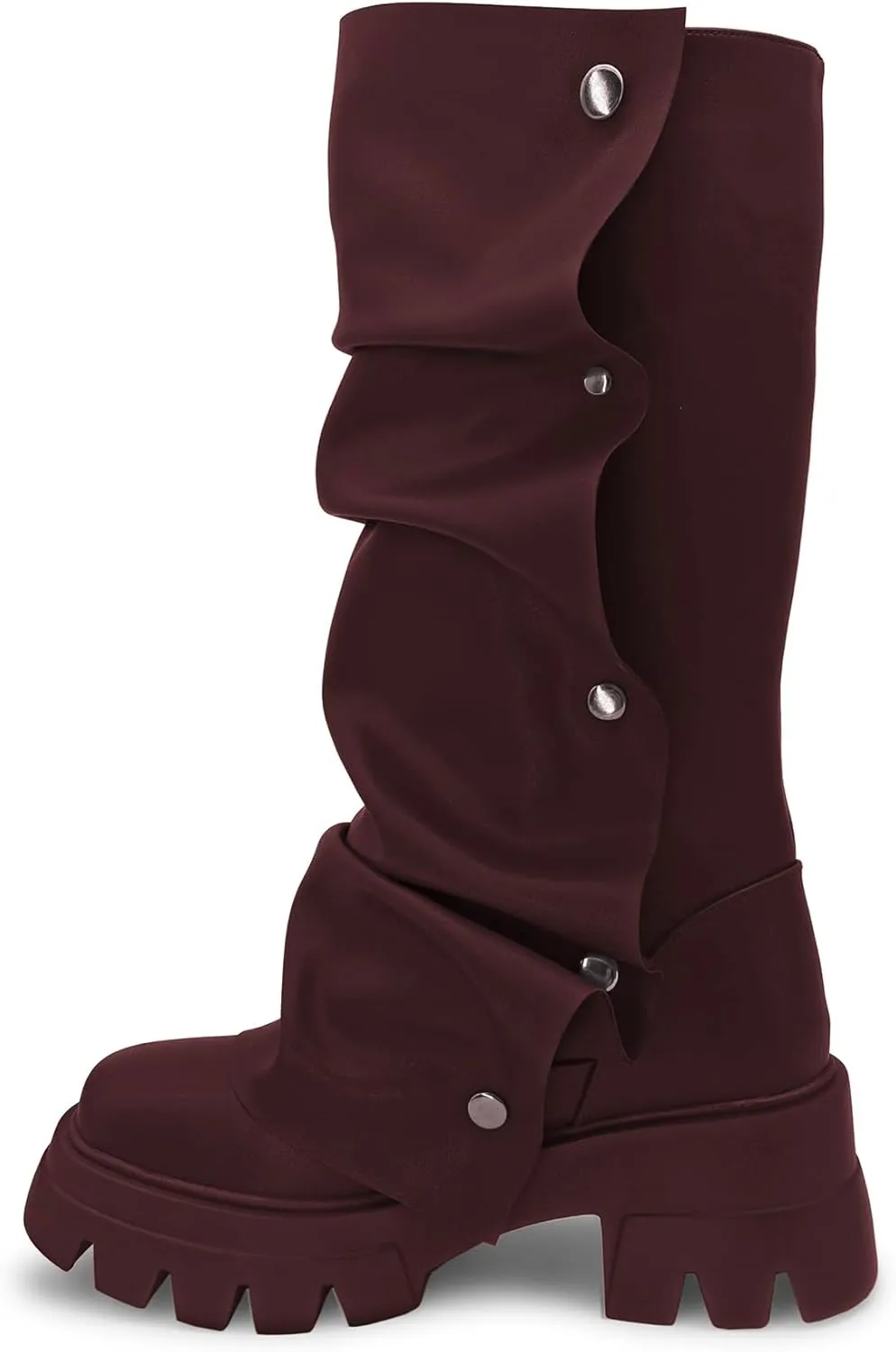 Women's Combat Mid-Calf Chunky Boots Detachable Pull-On Wide Calf Panel Shark Platform Boots Round toe Party Dress Boot