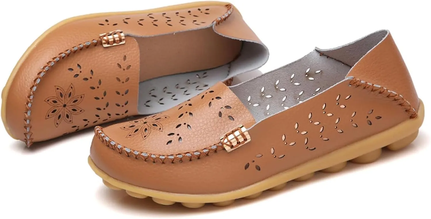 Women's Comfort Walking Boat Shoe Slip on Flat Shoes Ladies Dressy Moccasins Driving Penny Loafers Leather Breathable On Nurse Loafer Round Toe Wild Fashion Soft Orthopedic Sole Flats Casual