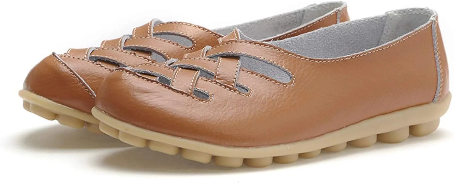 Women's Comfort Walking Casual Flat Loafer Orthopedic Loafers Breathable Leather Hollow Soft Flats Sandals Summer Slip On Cowhide Dressy Closed Toe Wide Width Moccasins Driving Work Shoe