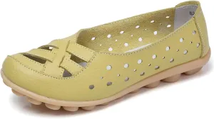 Women's Comfortable Leather Loafers Slip On Walking Flats Casual Round Toe Moccasins Nurse Orthopedic Hollow Shoes Penny Comfort Wide Width Breathable Lightweight Driving Flat Work Loafer