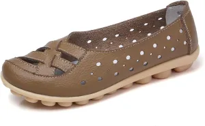 Women's Comfortable Leather Loafers Slip On Walking Flats Casual Round Toe Moccasins Nurse Orthopedic Hollow Shoes Penny Comfort Wide Width Breathable Lightweight Driving Flat Work Loafer