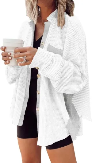 Womens Corduroy Button Down Shirts Color Block Long Sleeve Blouses Tops Jackets