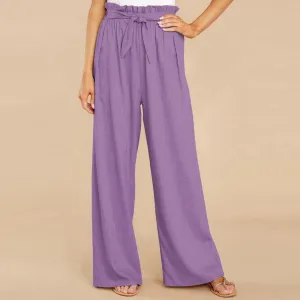 Women's Cotton Linen Casual Adjustable Tie Knot Trousers Boho Palazzo Beach Pants Loose Fit Wide Leg Work Pant