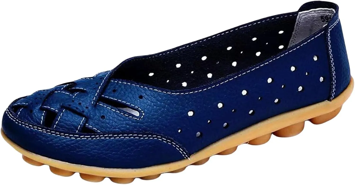 Women's Cowhide Leather Shoes Loafers Flats Sandals Slip-On Cutout Orthopedic Breathable Comfortable Hollow Soft Summer Casual Leather, Loafer Fashion Slip On Walking Round Toe Nurse Driving Shoes