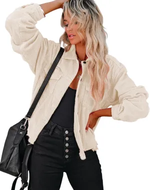 Womens Cropped Corduroy Jacket Casual Button Down Shacket Coat Fringe with Frayed Hem