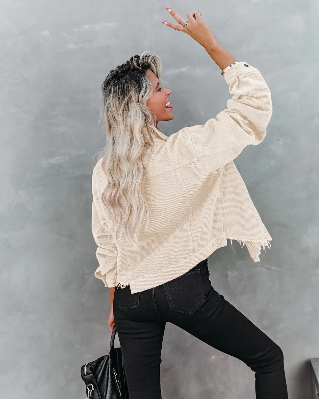 Womens Cropped Corduroy Jacket Casual Button Down Shacket Coat Fringe with Frayed Hem