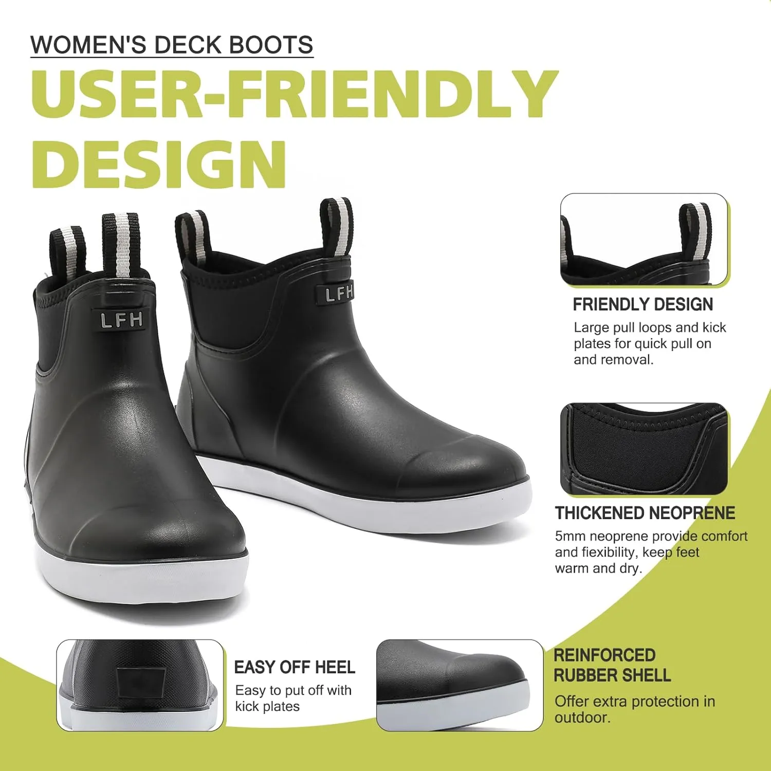 Women's Deck Boots, Waterproof Ankle Rain Boots with Anti-Slip Traction, Rubber Garden & Fishing Boots for Boating, Camping, Farming & Outdoor Work