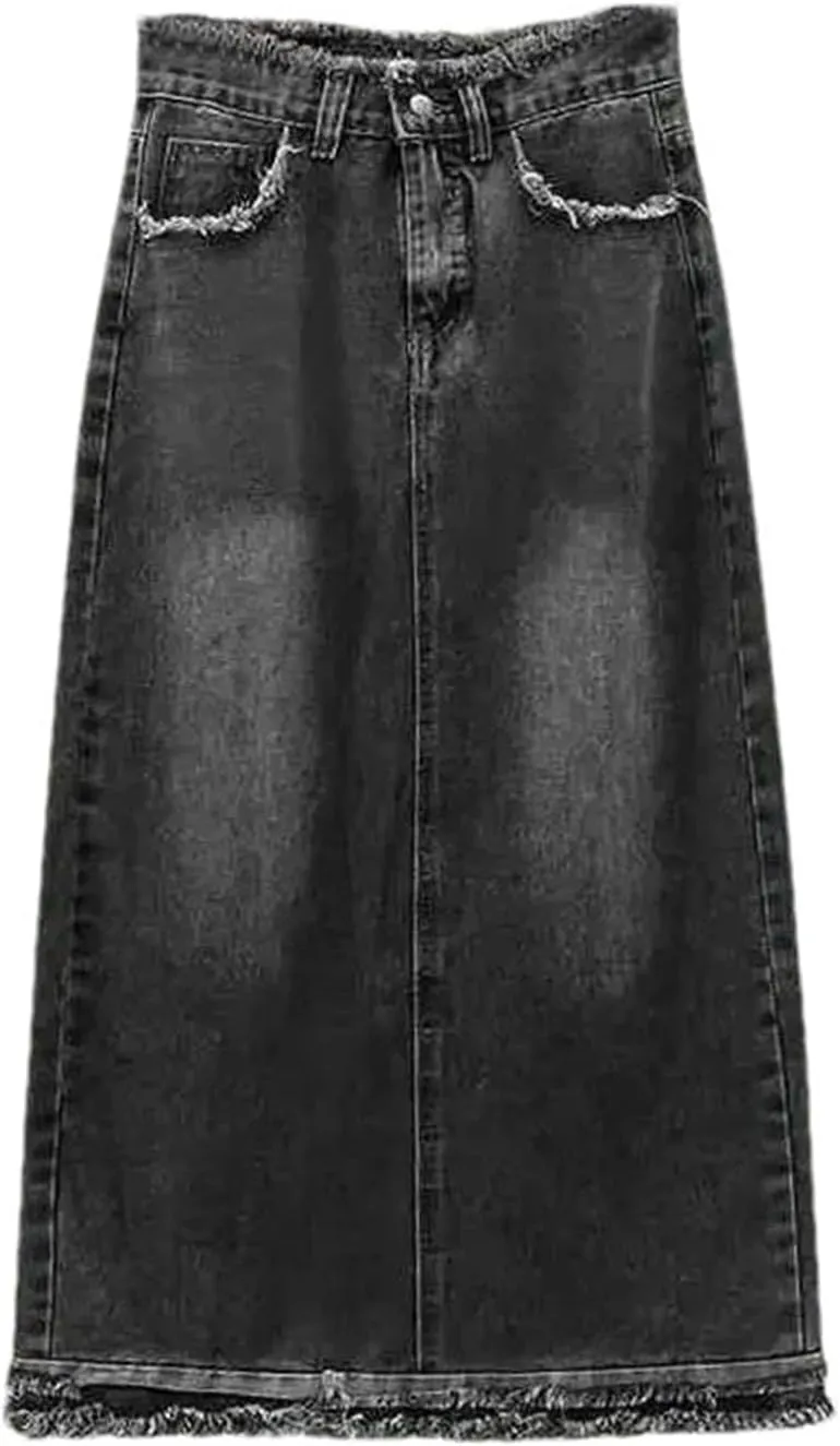 Women's Denim Skirt Spring Summer Fringe A-Line Long Straight-Leg Bodycon Skirt
