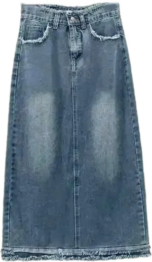 Women's Denim Skirt Spring Summer Fringe A-Line Long Straight-Leg Bodycon Skirt