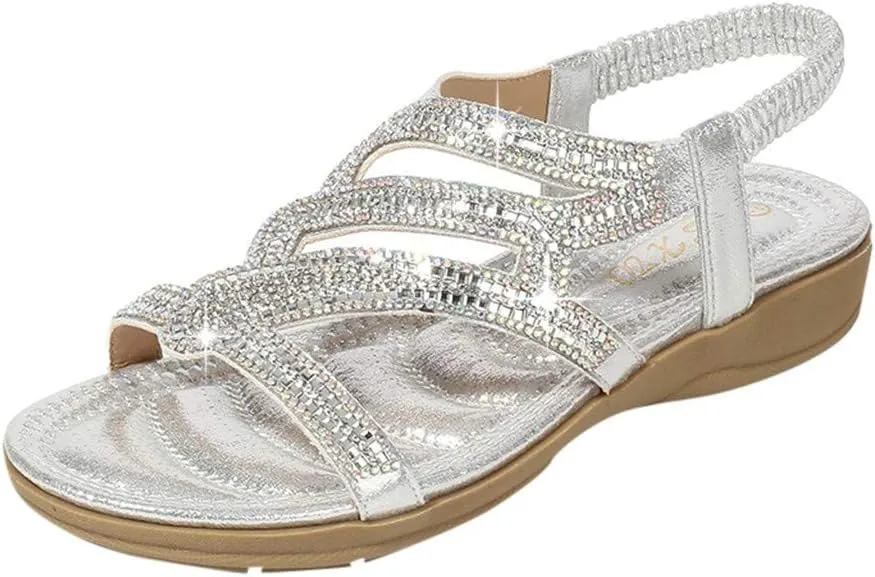 Womens Dressy Summer Sandals Flat Slides Comfortable Slip On Leather Open Toe Beach Bohemian Ankle Strap Elastic Walking Shoes