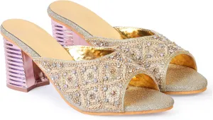 Women's Embroidered Block Heel Slip-On Sandals – Elegant Detailing Women's Red Velvet Embroidered Slip-On Sandals with Crystal Block Heels Stylish Open Toe Party Mules