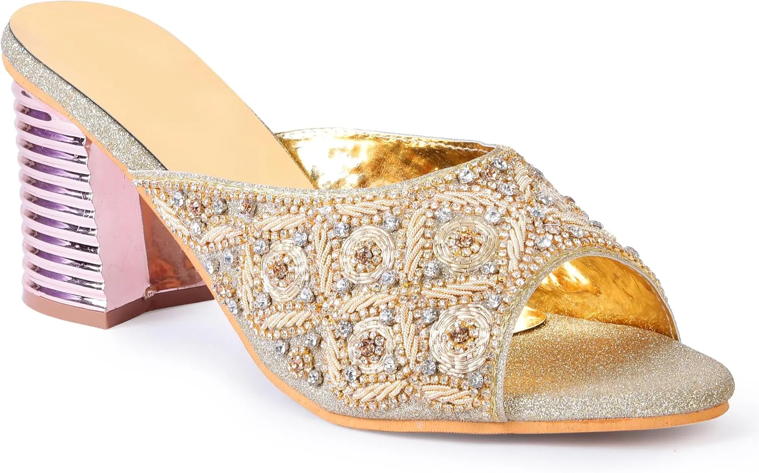 Women's Embroidered Block Heel Slip-On Sandals – Elegant Detailing Women's Red Velvet Embroidered Slip-On Sandals with Crystal Block Heels Stylish Open Toe Party Mules