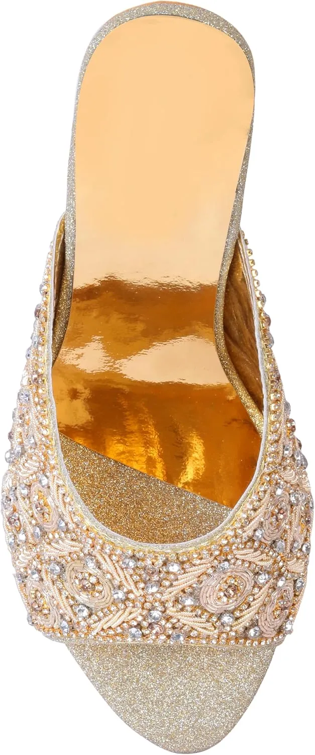 Women's Embroidered Block Heel Slip-On Sandals – Elegant Detailing Women's Red Velvet Embroidered Slip-On Sandals with Crystal Block Heels Stylish Open Toe Party Mules