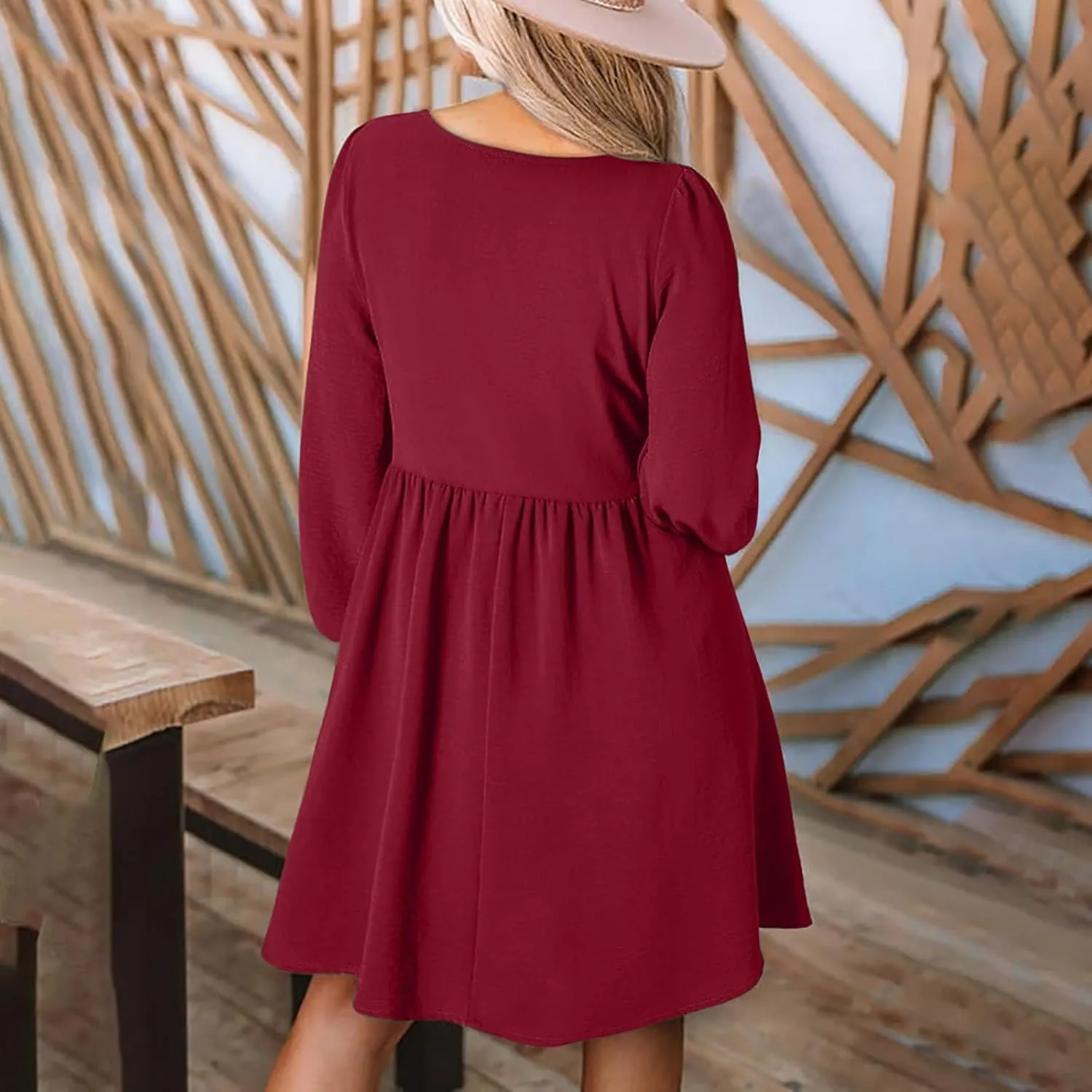 Womens Fall Fashion 2024 Dresses Causal Dressy Long Sleeve Smocked Crewneck Button Up Empire Waist A-Line Mini Dress