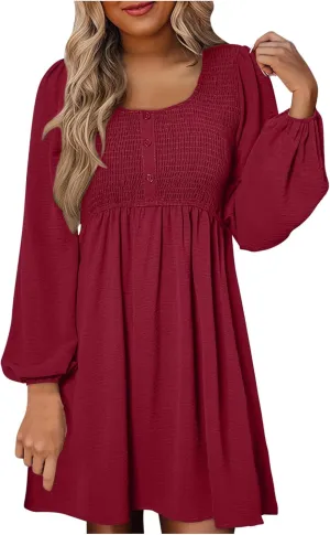 Womens Fall Fashion 2024 Dresses Causal Dressy Long Sleeve Smocked Crewneck Button Up Empire Waist A-Line Mini Dress