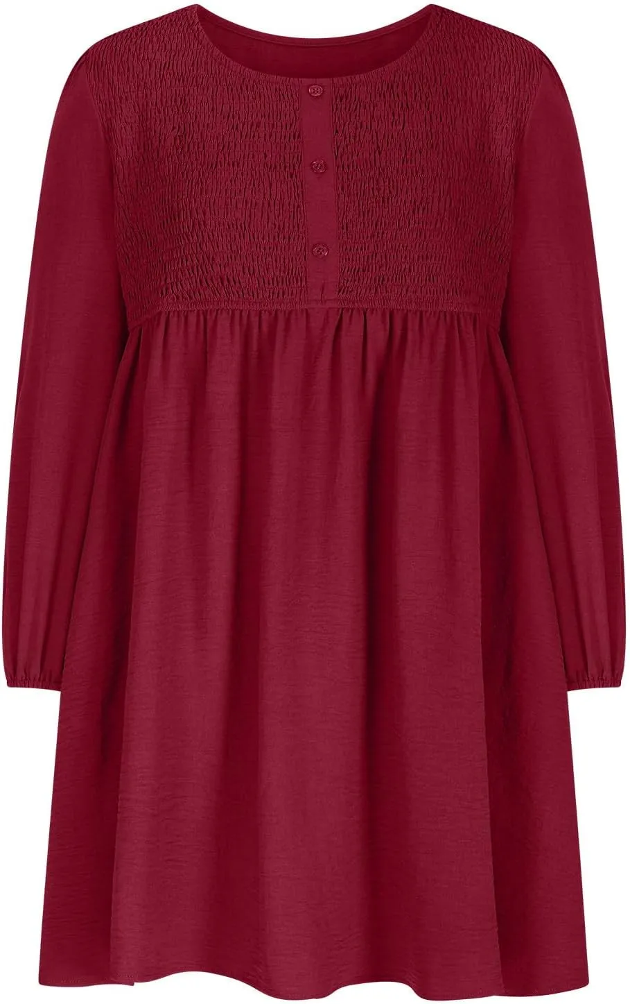 Womens Fall Fashion 2024 Dresses Causal Dressy Long Sleeve Smocked Crewneck Button Up Empire Waist A-Line Mini Dress
