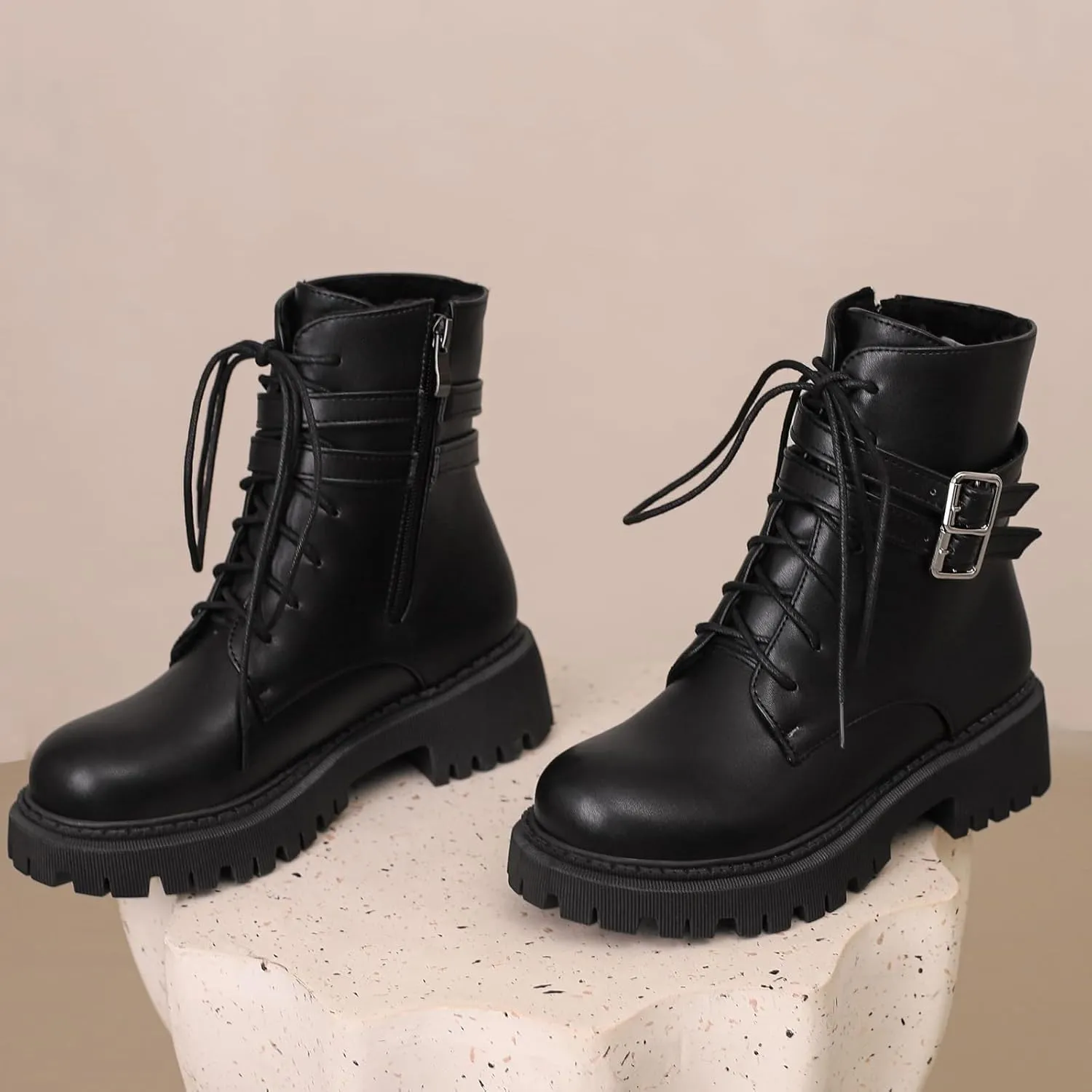 Women's Fashion Biker Combat Boots Platform Ankle Boots Round Toe Zipper Booties