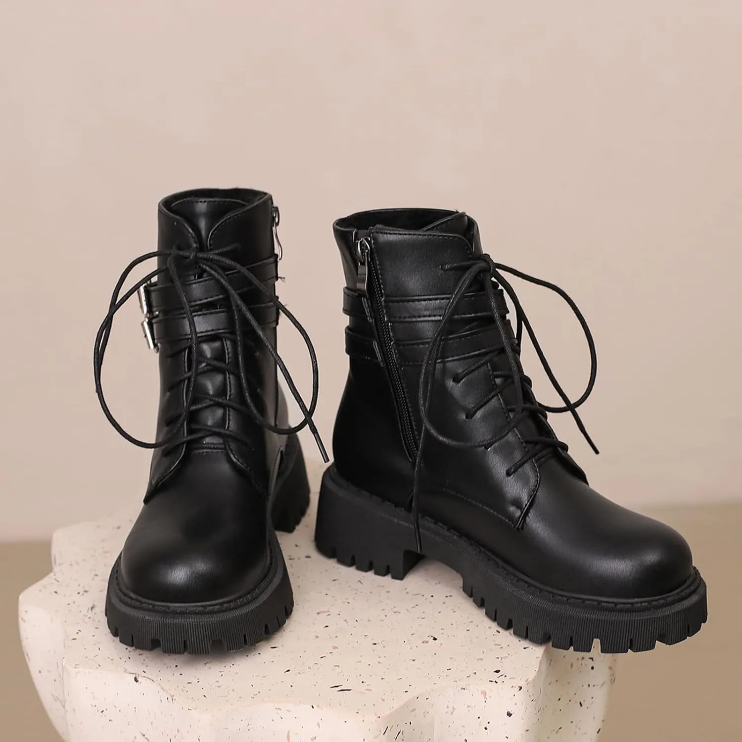 Women's Fashion Biker Combat Boots Platform Ankle Boots Round Toe Zipper Booties