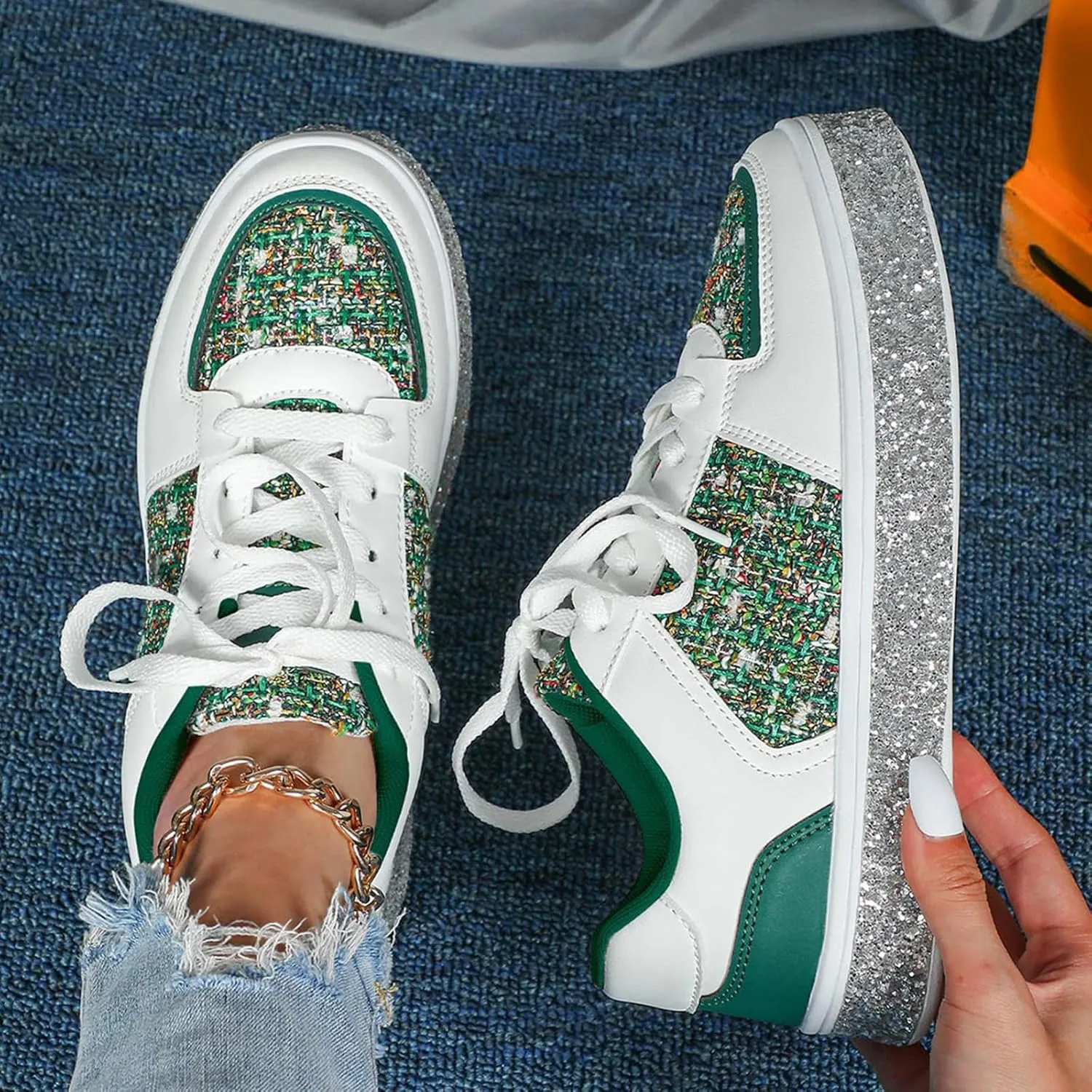 Women's Fashion Glitter Sneakers Flat Shoes, Sparkly Rhinestone Sneakers Trendy Sequin Shoes, Casual Shoes White Tennis Low Top Shoes Womens Lace Up Sneakers Wedding Bride Dress(Size:8,Color:Green)