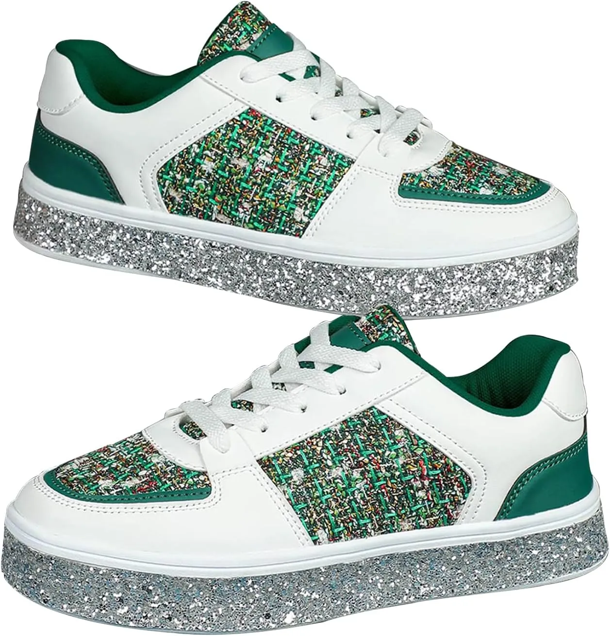Women's Fashion Glitter Sneakers Flat Shoes, Sparkly Rhinestone Sneakers Trendy Sequin Shoes, Casual Shoes White Tennis Low Top Shoes Womens Lace Up Sneakers Wedding Bride Dress(Size:8,Color:Green)