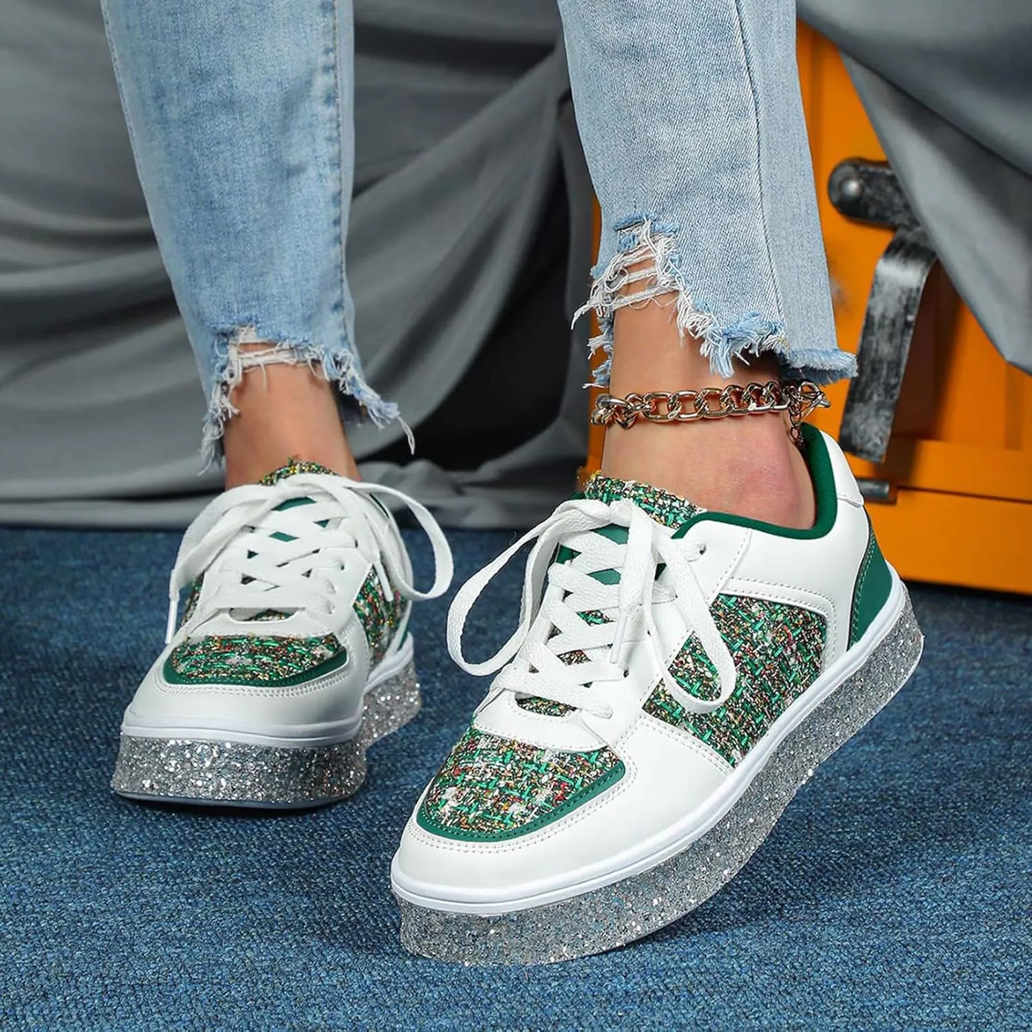 Women's Fashion Glitter Sneakers Flat Shoes, Sparkly Rhinestone Sneakers Trendy Sequin Shoes, Casual Shoes White Tennis Low Top Shoes Womens Lace Up Sneakers Wedding Bride Dress(Size:8,Color:Green)