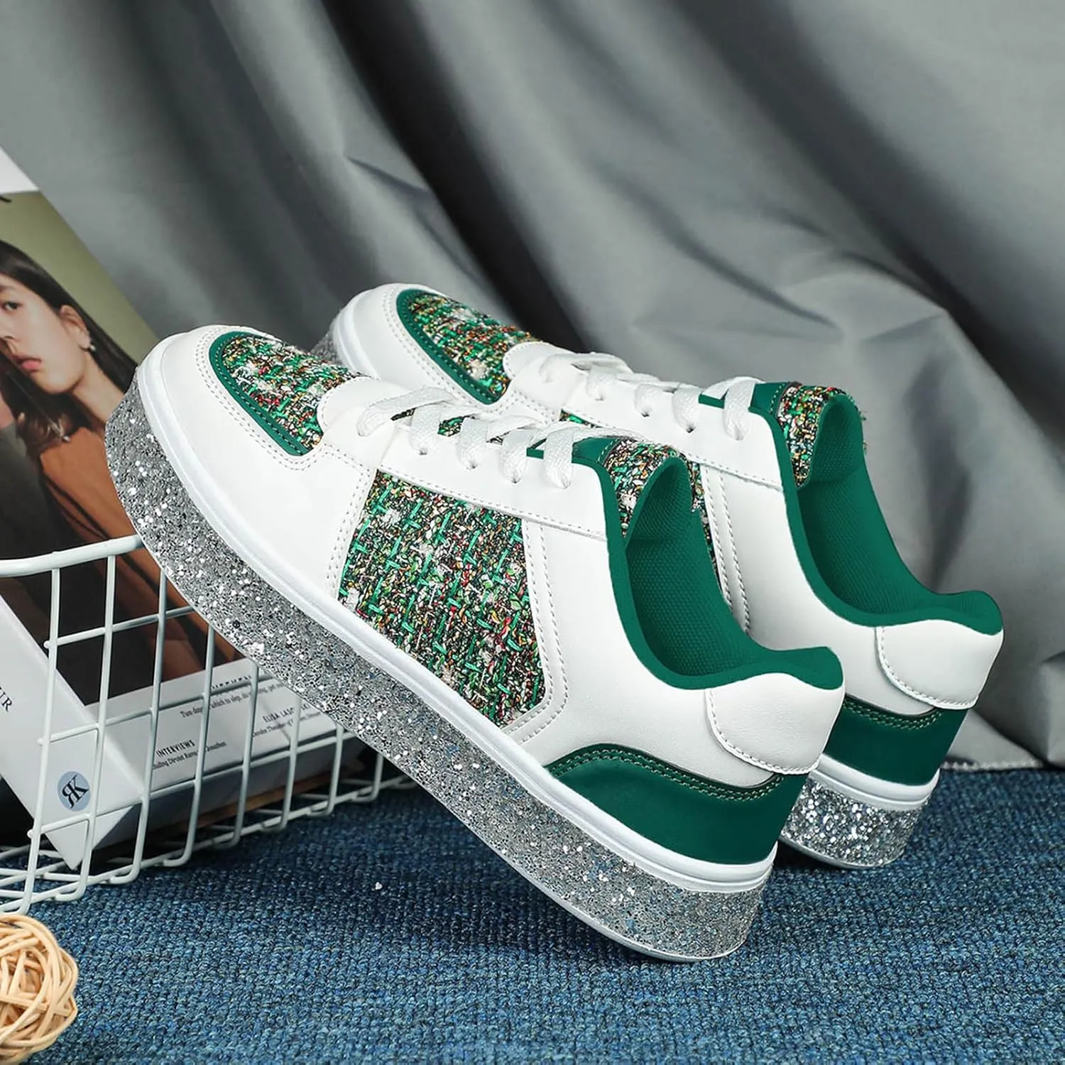 Women's Fashion Glitter Sneakers Flat Shoes, Sparkly Rhinestone Sneakers Trendy Sequin Shoes, Casual Shoes White Tennis Low Top Shoes Womens Lace Up Sneakers Wedding Bride Dress(Size:8,Color:Green)