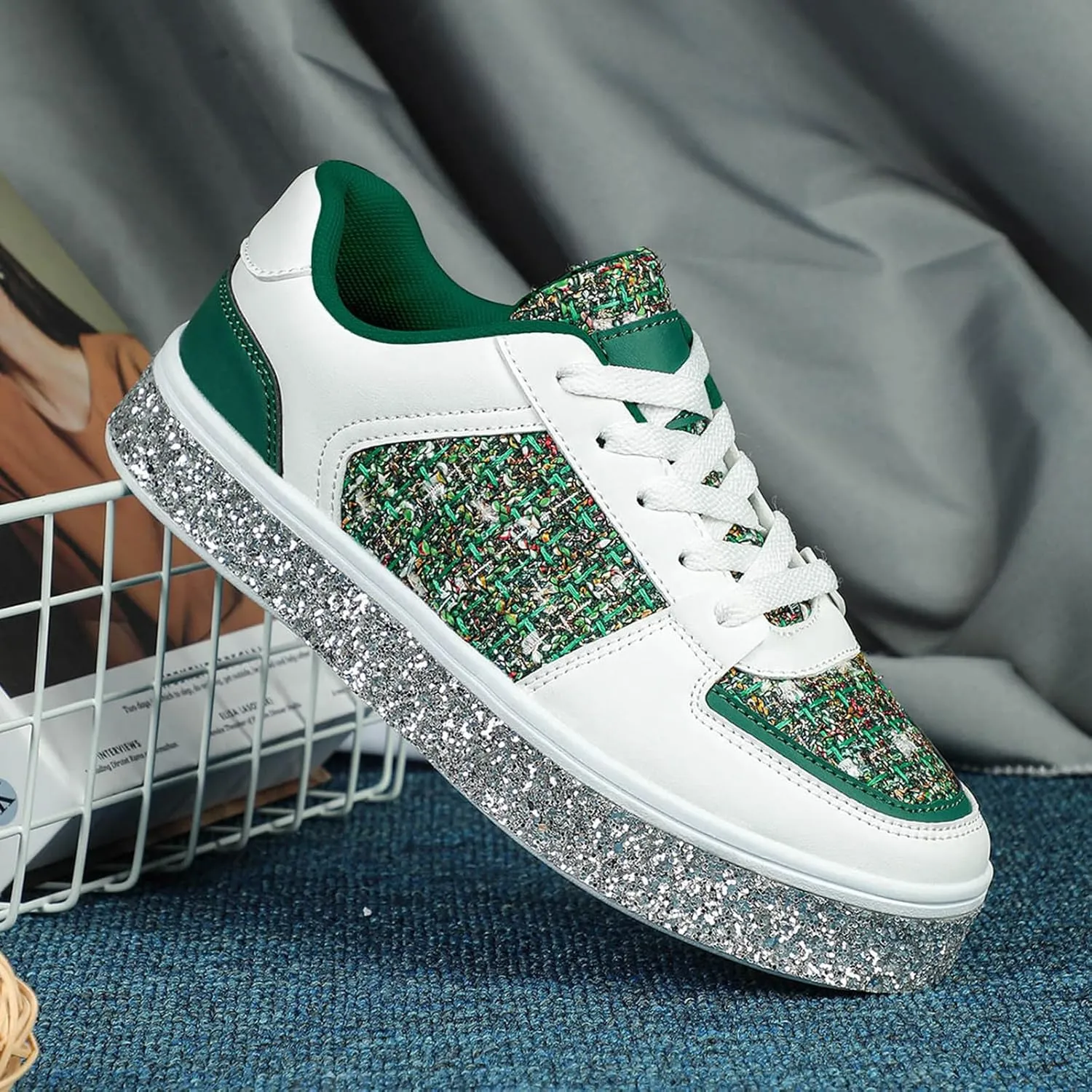 Women's Fashion Glitter Sneakers Flat Shoes, Sparkly Rhinestone Sneakers Trendy Sequin Shoes, Casual Shoes White Tennis Low Top Shoes Womens Lace Up Sneakers Wedding Bride Dress(Size:8,Color:Green)