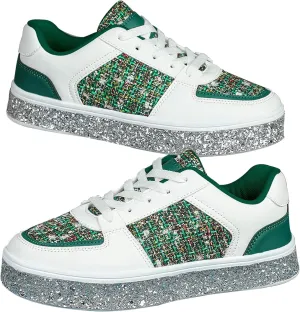 Women's Fashion Glitter Sneakers Flat Shoes, Sparkly Rhinestone Sneakers Trendy Sequin Shoes, Casual Shoes White Tennis Low Top Shoes Womens Lace Up Sneakers Wedding Bride Dress(Size:8,Color:Green)
