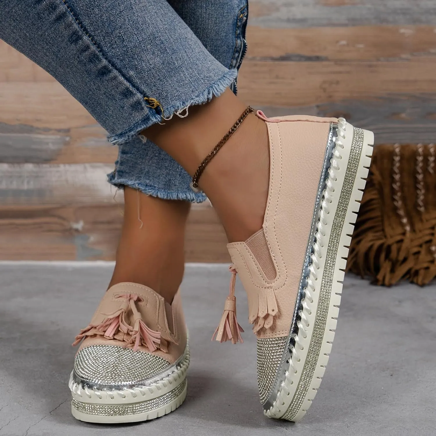 Women's Fashion Leather Loafers Sparkly Rhinestone Tassel Decoration Thick Sole Shoes Comfy Casual Boots for Women